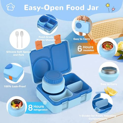 Bento Box for Kids, Leakproof Kids Bento Lunch Box Container with 8oz Insulated Thermo Food Jar, Sauce Jar, Utensil, DIY Stickers for School Boys Girls, 3-4 Compartments, BPA-Free - color: Blue Orange