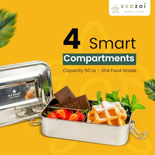 ecozoi Stainless Steel Bento Lunch Box for Adults & Kids, 4 Compartment Leak Proof 50 Oz, BPA-Free Dishwasher Safe, Eco-Friendly and Plastic-Free Lunch Container for School, Work and Meal Prep - size: 4 Compartment 50 Oz