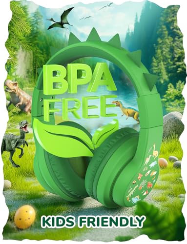 iClever Kids Headphones for School Travel, Safe Volume 85dBA, Stereo Sound Over-Ear for Kid, Foldable 3.5mm Wired Dinosaur Headphones for iPad Computer, HS19S - color: Dinosaur Green