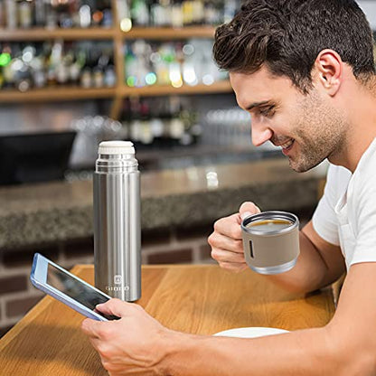 Stainless Steel Thermo 500ml/16.9oz Vacuum Insulated Bottle with Cup for Coffee Hot drink and Cold drink water flask.(Brown,Set) - color: Brown (Set), size: 16.9 Ounces