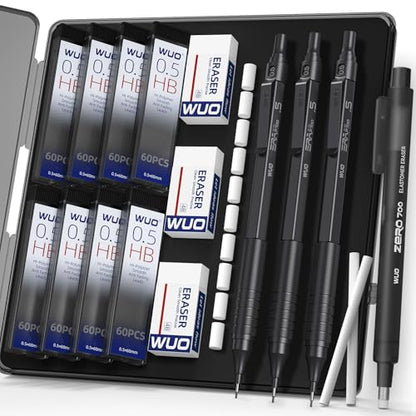 WUO 0.5mm Mechanical Pencil Set, 3 Black Metal Drafting Pencils with 480 HB Lead Refills, Precision Eraser Pen, 4B Erasers & Case, Mechanical Pencils for Writing, Drawing, Sketching & School - color: Black, size: 0.5