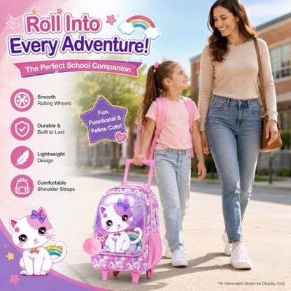 AGSDON 3PCS Kids Rolling Backpack, Girls Roller Wheels Bookbag, Wheeled Elementary School Bag with Lunch Bag - White Cat - color: White Cat Roller
