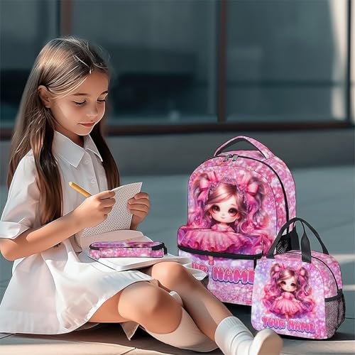 COZYAURA Girl Backpack for Girls Personalized with Name - 3-Piece School Bag Set with Insulated Lunch Box & Pencil Case for Kindergarten & Elementary Students - color: Red