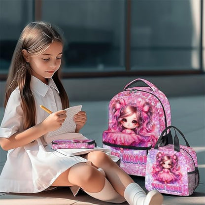 COZYAURA Girl Backpack for Girls Personalized with Name - 3-Piece School Bag Set with Insulated Lunch Box & Pencil Case for Kindergarten & Elementary Students - color: Red