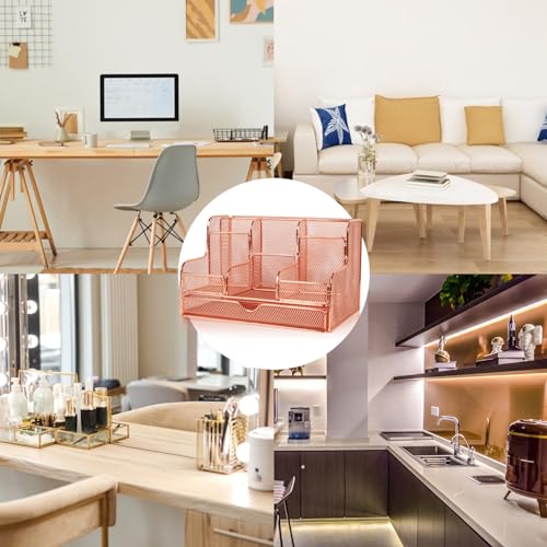 Barelove Rose Gold Desk Organizer with Sliding Drawer, Large Office Desktop Mesh Pen Pencil Holder Caddy Organization with 7 Compartments for Home School Supplies Stationery Book IPAD, Christmas Gifts