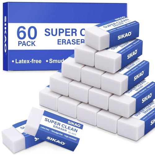 White Erasers, 60 Pack Block Pencil Erasers | Soft Non-Smudge Art Erasers Bulk for Pencils, Artists & School | Gentle on Paper, Clean Removal for Notes & Sketching - style: 60 Pack