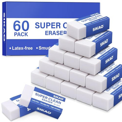 White Erasers, 60 Pack Block Pencil Erasers | Soft Non-Smudge Art Erasers Bulk for Pencils, Artists & School | Gentle on Paper, Clean Removal for Notes & Sketching - style: 60 Pack