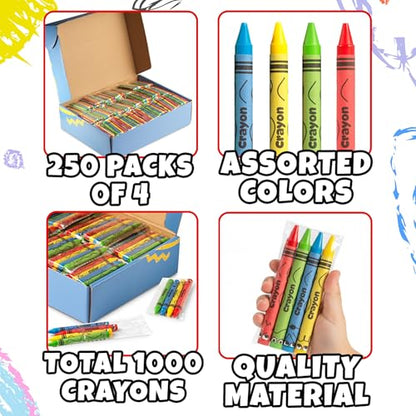 Bulk Crayons 1000 Pack (250 Sets of 4) - Individually Wrapped Crayons Party Favors for Kids, Restaurants, Classrooms, Birthday Goodie Bags, School Supplies, Travel, Toddler Coloring Fun, Non-Toxic Wax - style: 250 Packs of 4 (1000 Count)