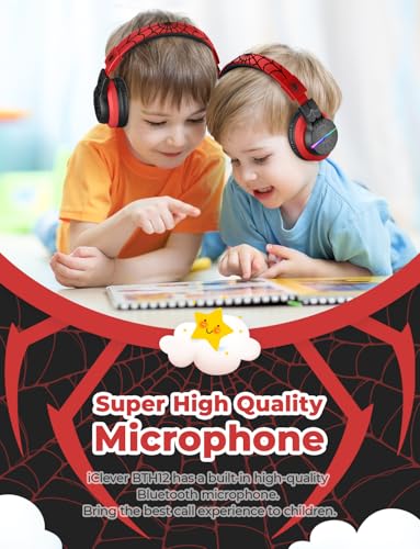 iClever BTH12 Kids Bluetooth Headphones,Colorful LED Lights,74/85dBA Safe Volume,85H Playtime,Fast Charging,Bluetooth 5.2,Over Ear Kids Headphones Wireles for iPad/Tablet/Airplane,Black/Red - color: Black/Red
