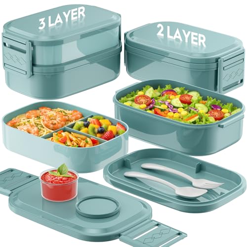 BiuLeon Bento Box Adult Lunch Box, 65 Oz Capacity Lunch Containers(Adjustable 2/3 Tier), BPA-Free, Leak-Proof and Stackable Bento Lunch Box, Microwave & Dishwasher Safe with Utensils(Green) - color: Green