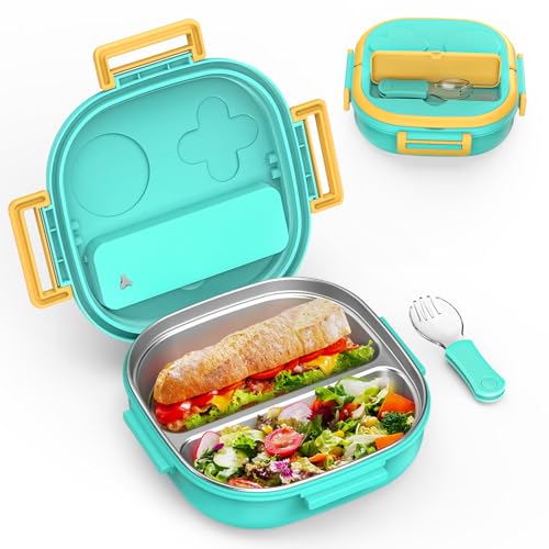 PEDECO Bento Box for Kids Stainless Steel - 2-Compartment - Complete Lunch Set with Portable Utensil - Ideal for Children Under 8 Years Old - Dishwasher Safe & BPA-Free(Green) - color: Stainless Steel-2-Compartment(Green), size: Big