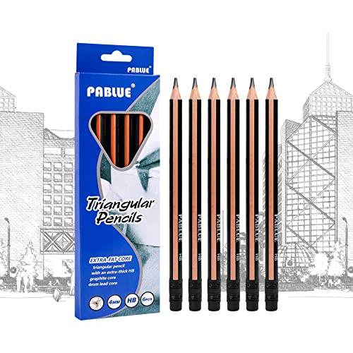 Fat, Thick, Strong Triangular Presharpened 2B Pencils, Jumbo Wood Pencils with Eraser for Beginners, Writing, Drawing, Kids, Art, Sketching and Shading(Black, 6 Count) - color: Black, style: 2B Lead