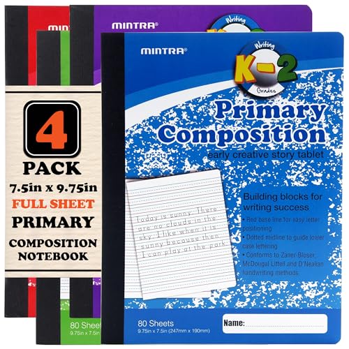Mintra Primary Composition Notebook, 4 Pack, Assorted Colors 80 Sheets, 7.5in x 9.75in, Full Sheet, Ruled with Drawing Area, Flexible Hardcover Journal, Grade K-2, School & Home Use - color: Primary Ruled - Assorted - Full Sheet, size: 4 Pack