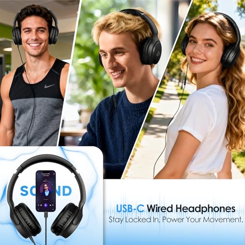 INFURTURE USB C Kids Headphone for School with Microphone | Foldable Lightweight Headphones, Wired Headphones, NO Charging Required Wired School Headphones for Teens for iPad, Laptop - color: Classic Black