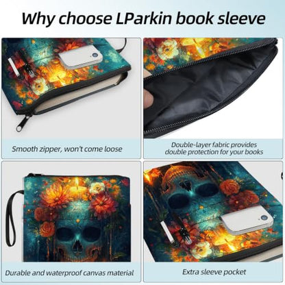 Padded Book Sleeve with Zipper & Front Pocket, Fabric Book Cover | Sugar Skull Gothic Candles11.4"x8.7" Washable Canvas Pouch for Hardcovers, Tablets & Reading Accessories - color: Sugar Skull Gothic Candles