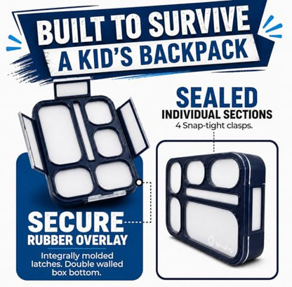 Bento Lunch Box Snack Containers for Kids Boys Girls Adults, 6 Divided Compartments - School, Daycare, Leak Proof Meal Planning Portion Control, BPA-Free Boxes, Utensils, Navy Blue - color: Navy