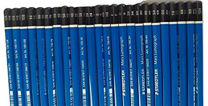 Wooden Pencil By Staedtler Mars Lumograph - Pack of 24 Degrees in Practical Plastic Storage Box With 6" and 8" Aluminum Ruler