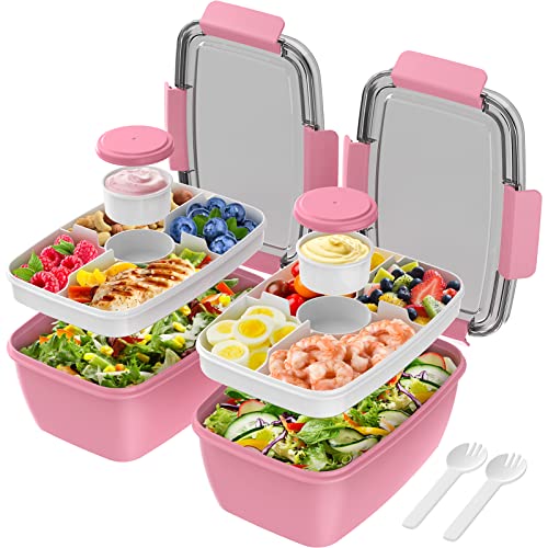 Cherrysea 2Pack Salad Lunch Container, 68oz Salad Bowls with 4 Compartments Tray,Leak Proof Lunch Box with Fork for Men,Women BPA-Free Snack Container with Sauce Container for Dressings-Pink - color: 2Pack-Pink, size: 68oz