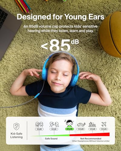 Belkin SoundForm Mini Kids Wired Headphones w/USB C to 3.5mm Dongle, Built-in Mic & Fun Stickers, 85dB Max Volume – for Online Learning, Travel, Compatible w/iPhone 16, iPad, Galaxy S25, etc - Blue - color: Blue, style: Wired (USB-C)