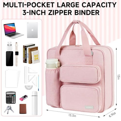 Zipper Binder 3 Ring, 700 Sheets Capacity, Binder 3 Inch with Shoulder Strap Fits 13 Inch Laptop for School and Office,Pink - color: Pink