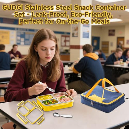 Stainless Steel Bento Lunch Box Set with Spoon, Fork & Insulated Lunch Bag, 25oz Leakproof Bento Box for Adults & Kids, Ideal for School, Home, Office, Picnic & Healthy meal prep containers (yellow) - color: Yellow