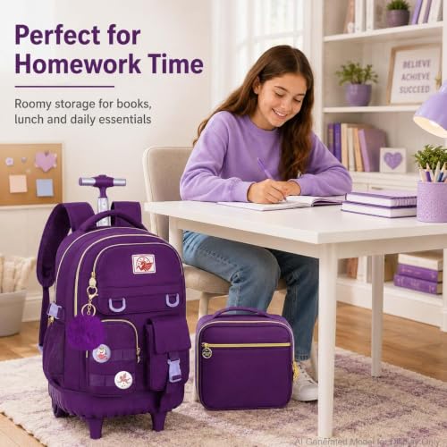 CCJPX 3PCS Rolling Backpack for Girls, Women Roller Bookbag with Lunch Box for Adults, Water Resistant Wheeled School Bag for Teens Kids Travel - Dark Purple - color: Dark Purple
