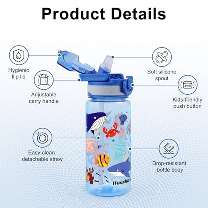 Kids Water Bottle for School, 20 Oz Plastic Water Bottle with Silicone Spout and Pop-Up Cover, BPA Free & Dishwasher Safe (Marine Animals) - color: Marine Animals, size: 20 Ounces