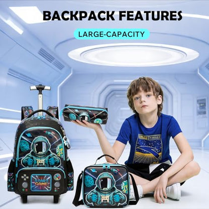 Kids Rolling Backpack for Boys Astronaut Trolley Suitcases Luggage with Wheels Bookbag Wheeled 3pcs Preschool Students Elementary Teenagers Lunch Box Pencil Case Blue for Age 5-10 - color: Blue-0201-yuhangyuan
