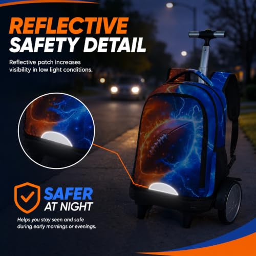 AGSDON Quiet Rolling Backpack with Lunch Box Set – Large‑Wheel Water‑Resistant Wheeled Bag for School, Outings, and Travel | Fire-Lightning Rugby 3‑Piece Organizer Backpack - color: Big Wheel Rolling Backpack Fire-lightning Rugby