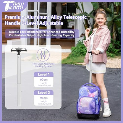 NEW TILAMI 18-Inch 6-Wheel Rolling Backpack for Kids, Purple Sky | Tear-Resistant Tuck-Away Trolley Handle Padded Back Panel Adjustable Shoulder Straps School Days Trips - color: Purple Sky