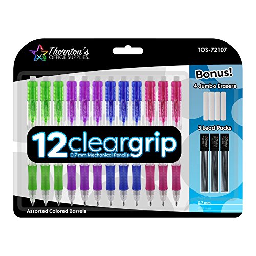 Thornton's Office Supplies ClearGrip Mechanical Pencil Starter Set 0.7mm Assorted Colors Pack of 12 Automatic Drafting Lead Pencil for Fine Drawing & Handwriting