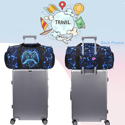 Gamer Sports Duffle Bag Boys Girls Overnighter Sleepover Gym Bag Weekender Carry On Shoulder Bags with Shoe Compartment & Wet Pocket,Game Print - color: Blue Gamer