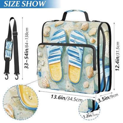 Flip-Flops Seashell Beach Pattern 3 D-Ring 2 inch Zipper Binder Bag with Shoulder Strap, Multi-Pocket Portfolio Organizer Case for 13 Inch Laptop Middle School - color: Flip-flops Seashell Beach Pattern