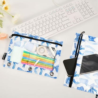 Custom Binder Pencil Pouches Personalized Blue Ribbon Bows Watercolor Pen Case | Clear Window 3 Rings, Cosmetic Bags School Office Supplies Cosmetic Makeup Bag 2 Psc - color: Custom-blue Bows