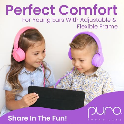 Puro Sound Labs Kids Wired Headphones – Volume-Limiting & Adjustable, Safe & Comfortable Headphones for Kids – Compatible with PCs, Smartphones & Tablets, Ideal for School & Travel – PuroBasic, Purple - color: Purple