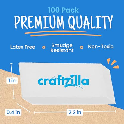 Craftzilla White Erasers Bulk 100 Pack - Large Latex- Free Bulk Erasers for Kids, Classroom, and School Supplies - Ideal for Pencils and Drawing - Borradores Escolares