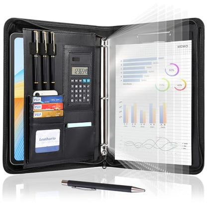 Leathario Portfolio Binder, Includes 10 Sheet Protectors and a Pen, 13 Inch Tablets Organizer, Vegan Leather A4 Padfolio, Multi-Pocket Notepad Business Planner Professional 3 Ring Document - color: Black-3 Ring