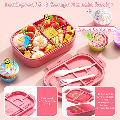 Bento Box, 44oz 4 Compartment Lunch Container with Cutlery for Kid/Adult/Toddler, Leak Proof, Microwave/Dishwasher/Refrigerator Safe, BPA Free (Pink) - color: Pink