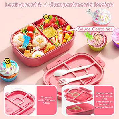 Bento Box, 44oz 4 Compartment Lunch Container with Cutlery for Kid/Adult/Toddler, Leak Proof, Microwave/Dishwasher/Refrigerator Safe, BPA Free (Pink) - color: Pink