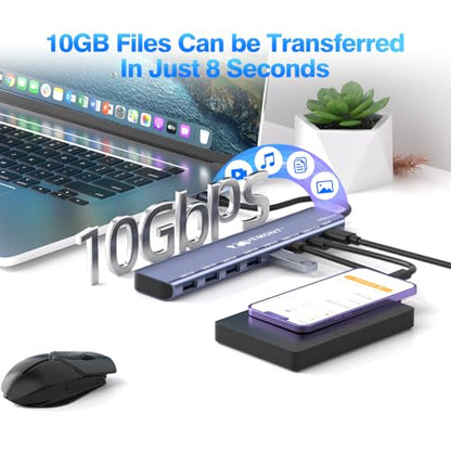VEMONT 7-in-1 USB C Hub, 10Gbps Aluminum Hub with 2 USB-C 3.2, USB-A 3.2, 4 USB 3.0 Ports, 100W PD Charging, Compatible with MacBook,for iPad, Laptop/Phones and More Device - style: 7 in1 10Gbps