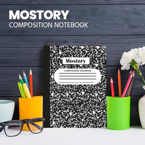 MOSTORY Pack of 5 Composition Notebook - Wide Ruled 200 Pages (100 Sheets), Size 7.5" x 9.75", Bulk School Supplies, Office, Bulk Notebooks for School, Writing Journal Notebook with Lined Paper - size: 5 Pack