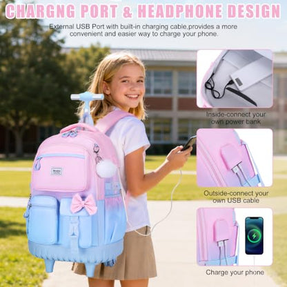 Bevalsa Rolling Backpack for Girls, Roller Backpack with Wheels, Cute Bow Wheeled School Bookbag Set with Lunch Bag & Pen Case, Suitcases for Kids Teens Elementary Middle Student (Pink Blue) - color: Pink Blue