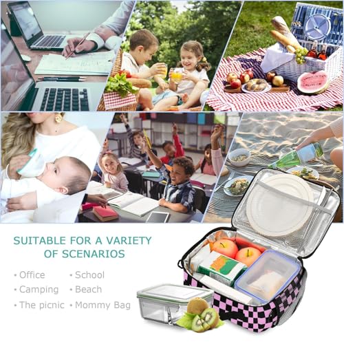 Custom Student Lunch Bag for Boys Girls Pink Black Checkered Personalized Lunch Box With Name Insulated Cooler Bag for School Picnic Travel - color: Multi09