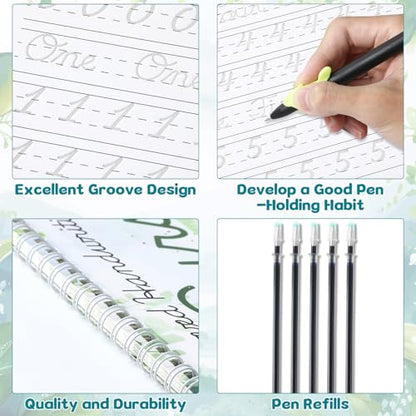 chiazllta 2 Pack Cursive Grooved Handwriting Workbooks Magic Grooved Cursive Reusable Writing Practice Copy Books with Disappearing Ink Pens for Beginners Learning Activities Supplies (Letters&Number) - style: Letters&Number