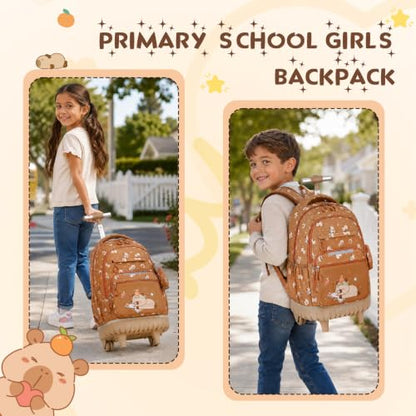 Rolling Backpack for Girls Boys, 3PCS Roller School Backpacks for Girls with Lunch Bag and Pencil Pouch, Kids Bookbag School Bag with Wheels for Kindergarten Elementary Middle School Travel - color: Brown