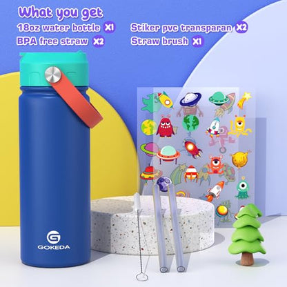 GoKEDA 18oz Kids Water Bottle, Stainless Steel Straw Cup - color: Dark Green Blue