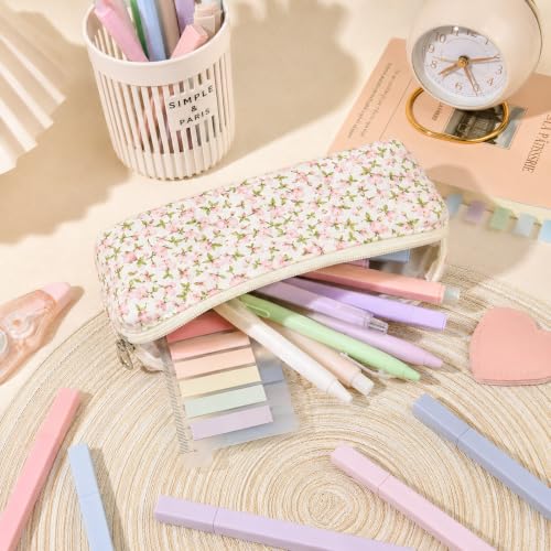 22Pcs Book Annotation Kit Aesthetic Pencil Case with Supplies School Annotation Supplies Gel Pen Transparent Sticky Note Taking Bible Study College Stationery Supplie (Pink Floral) - color: Pink Floral