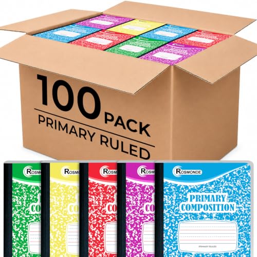 Rosmonde Composition Notebooks Primary Ruled 100 Pack, 200 Pages (100 Sheets), Color Marble Composition Notebook, Grades K-2, Bulk Primary Composition Notebook, Writing Dotted Lined - size: 100 Pack, style: Primary Ruled - Color Marble (Write)