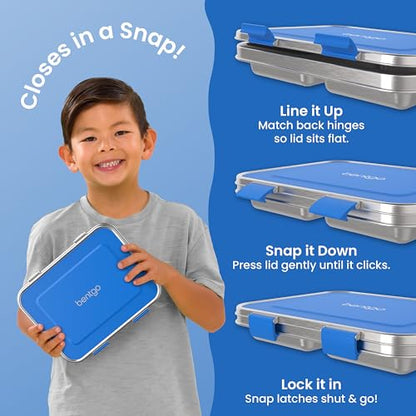Bentgo Kids Stainless Steel Leak-Resistant Lunch Box - 3-Compartments with Bonus Silicone Container, Durable, Eco-Friendly, Dishwasher Safe, BPA-Free, Ideal for School, Ages 3+ (Blue) - color: Blue