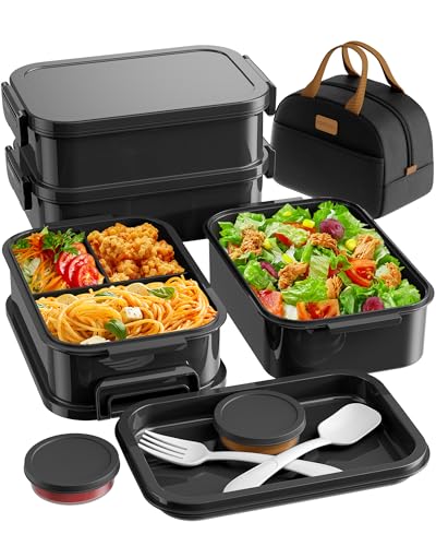 KEMETHY Adults Bento Lunch Box Set with Thermo Bag, 74oz Stackable Leak-proof 3-tiers Bento Box, Built-in Utensil and Sauce Container for Work, School, Dining Out (Black) - color: Elegant Black